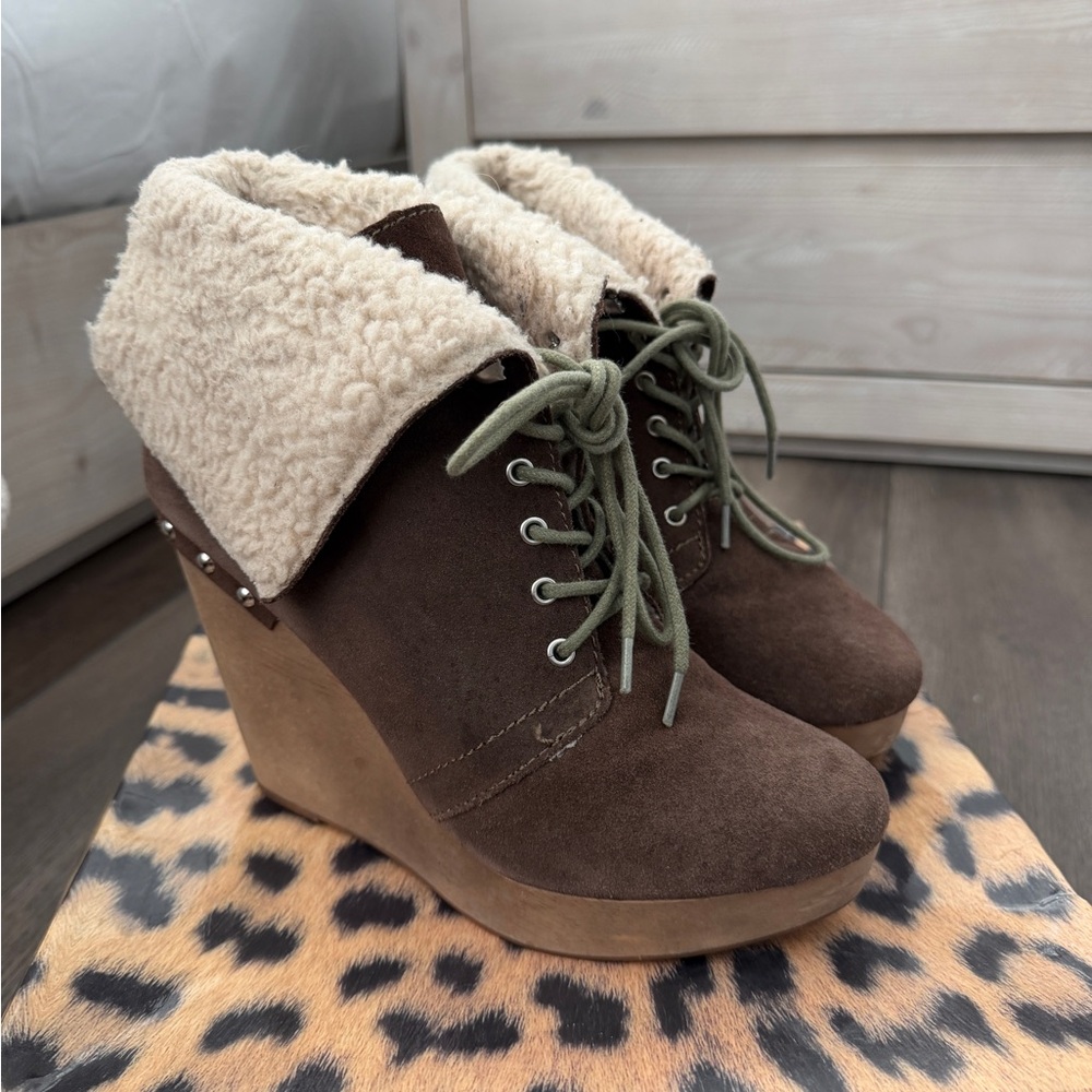 Naughty Monkey Brown Suede Wedge Ankle Booties with Cream Shearling Collar